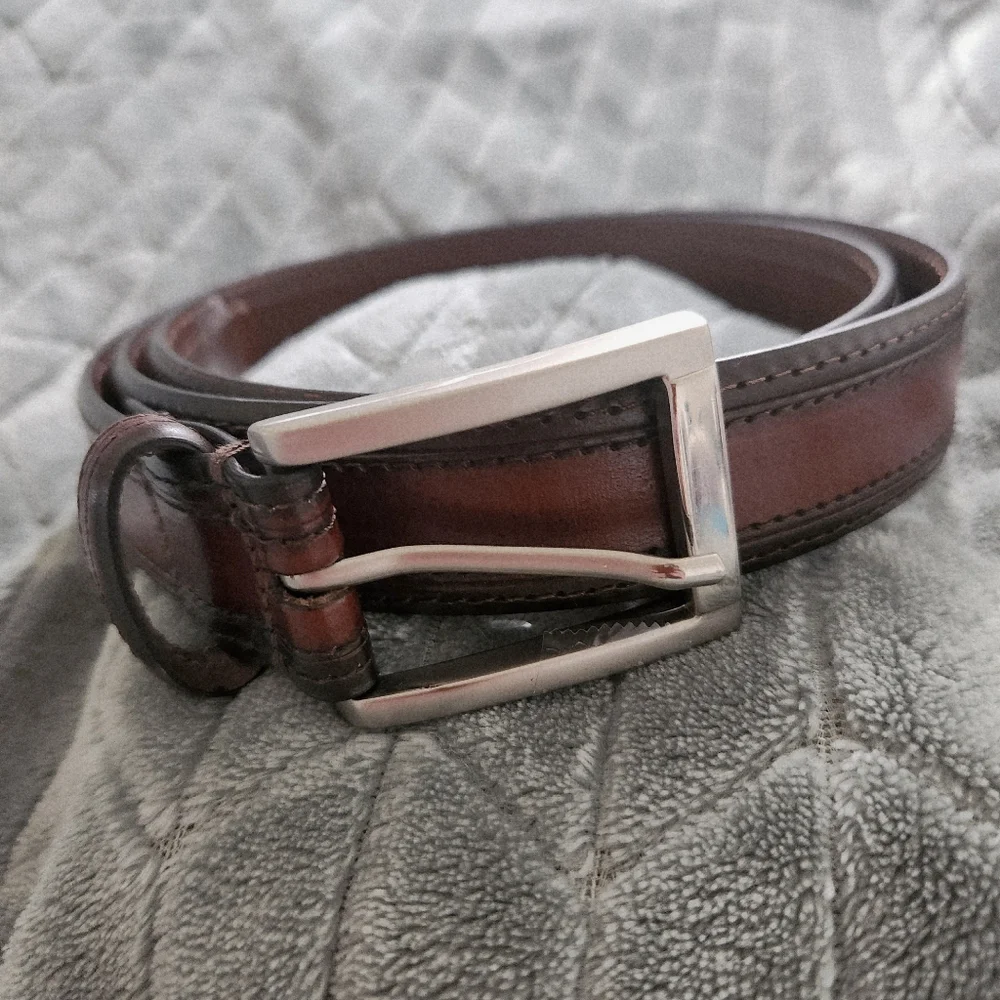Men's Two-Tone Brown Leather Belt Argentina Silver-Tone Buckle 44
